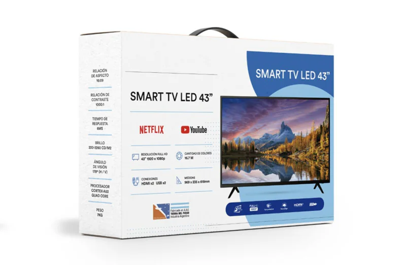 Caja de gran formato para Smart TV de 43 pulgadas sobre fondo blanco